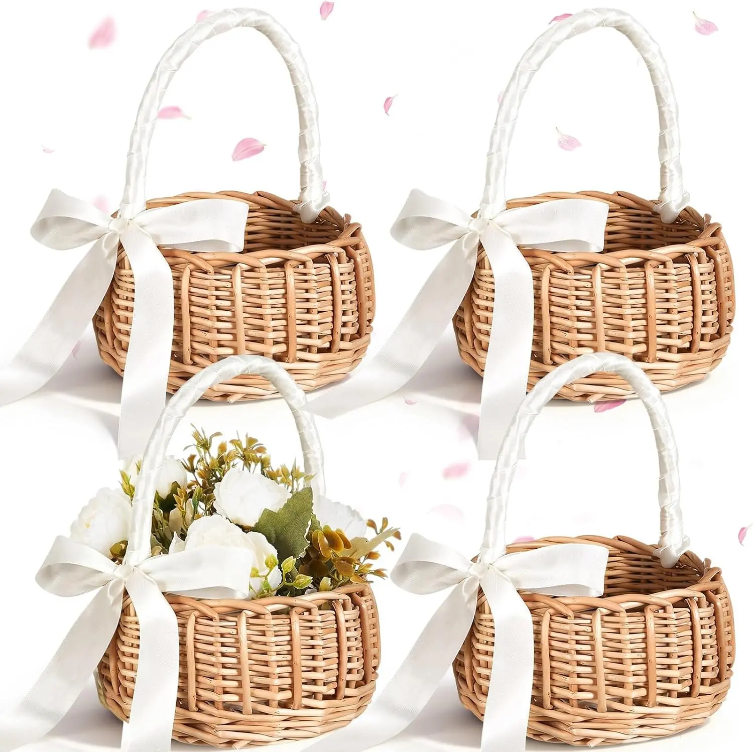 4 Pcs Brown Rustic Wicker Rattan Flower Girl Baskets with Handle 7.87 x 4.33 Inch Lightweight for Wedding Ceremony Bridal Shower Home Decoration with White Ribbon Bow