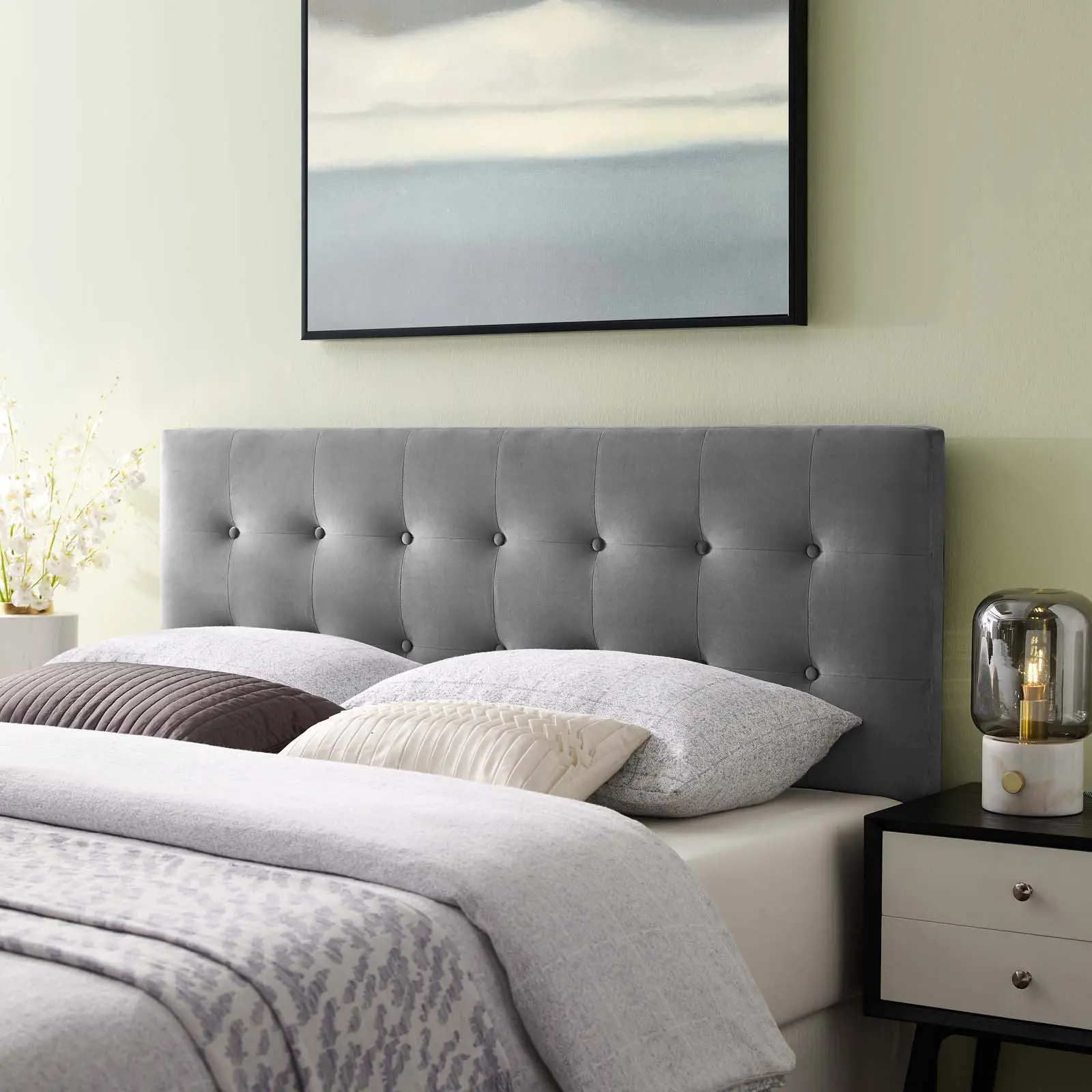 Modway Emily Upholstered Full Tufted Performance Velvet Headboard, Gray