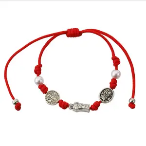 Religious String Baby Bracelet with Red Cord Silver Beads and Pearl Accents for Children
