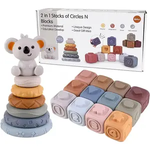 2-in-1 Soft Stacking Blocks & Rings,Montessori Sensory Toys for Babies 6 12 18 Months,Essentials Squeeze Teether,Textured,Sensory Educational Learning Toys for Infant