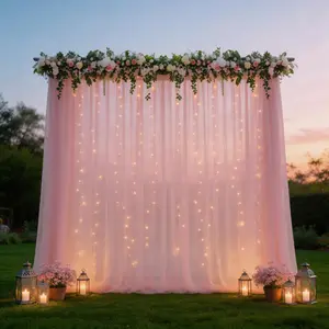 Pink Chiffon Backdrop Curtain with Fairy Lights 2 Panels 5x10ft, Soft Flowing Sheer Fabric Drapes for Wedding, Romantic Dinner, Birthday, Photography Background