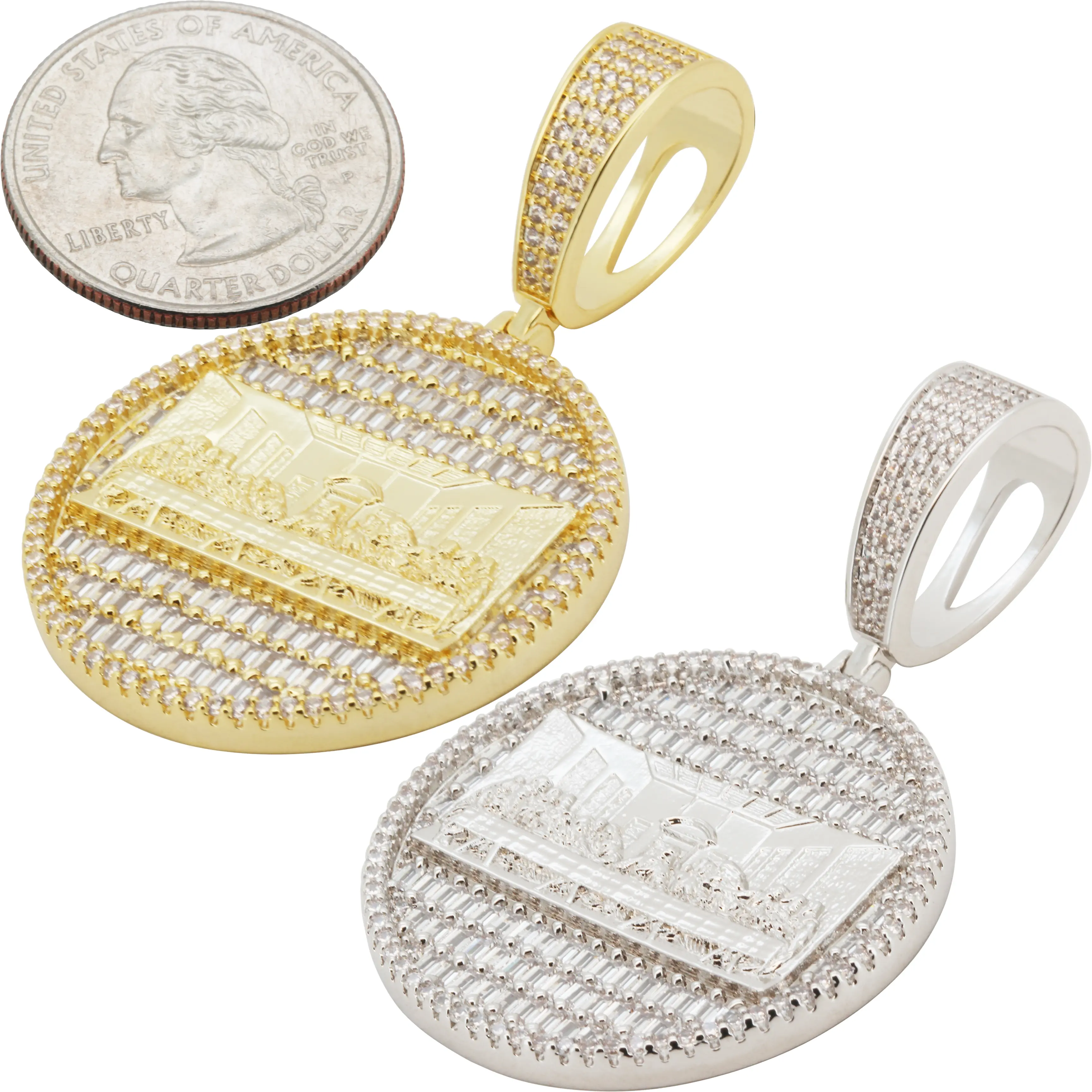 14k Yellow/White Gold Plated AAA Cubic Zirconia Last Supper Circle Pendant