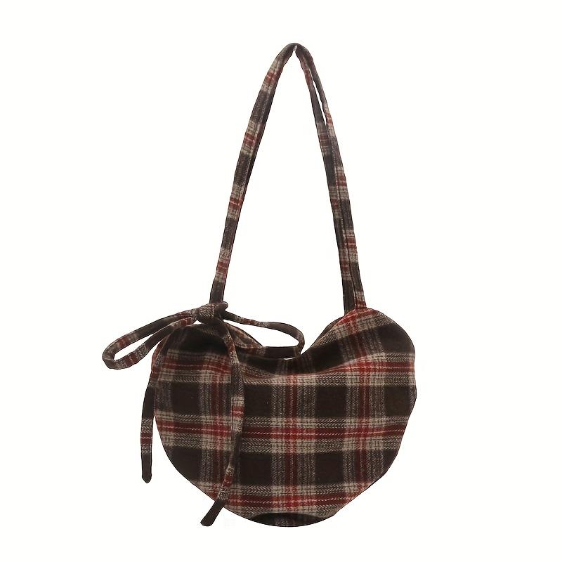 Women's Heart-Shaped Crossbody Bag with Bow and Checkered Pattern - Minimalist Handbag, Fixed Strap Magnetic Closure, Red - Elegant Daily Wallet, Bag, Versatile Fashion Accessory, Durable Fabric shoulder bags Large Soft Color Suede Kisslock Barrel