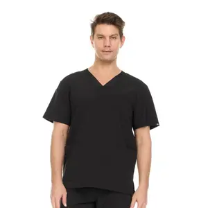 Men's Solid Color Scrub Top V-Neck Short Sleeve Shirt with Chest Pocket and Two Large Lower Pockets, Durable Polyester Blend