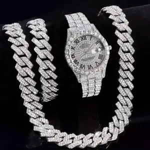 3pcs Necklace+Bracelet+Watch Cuban Chain Watch