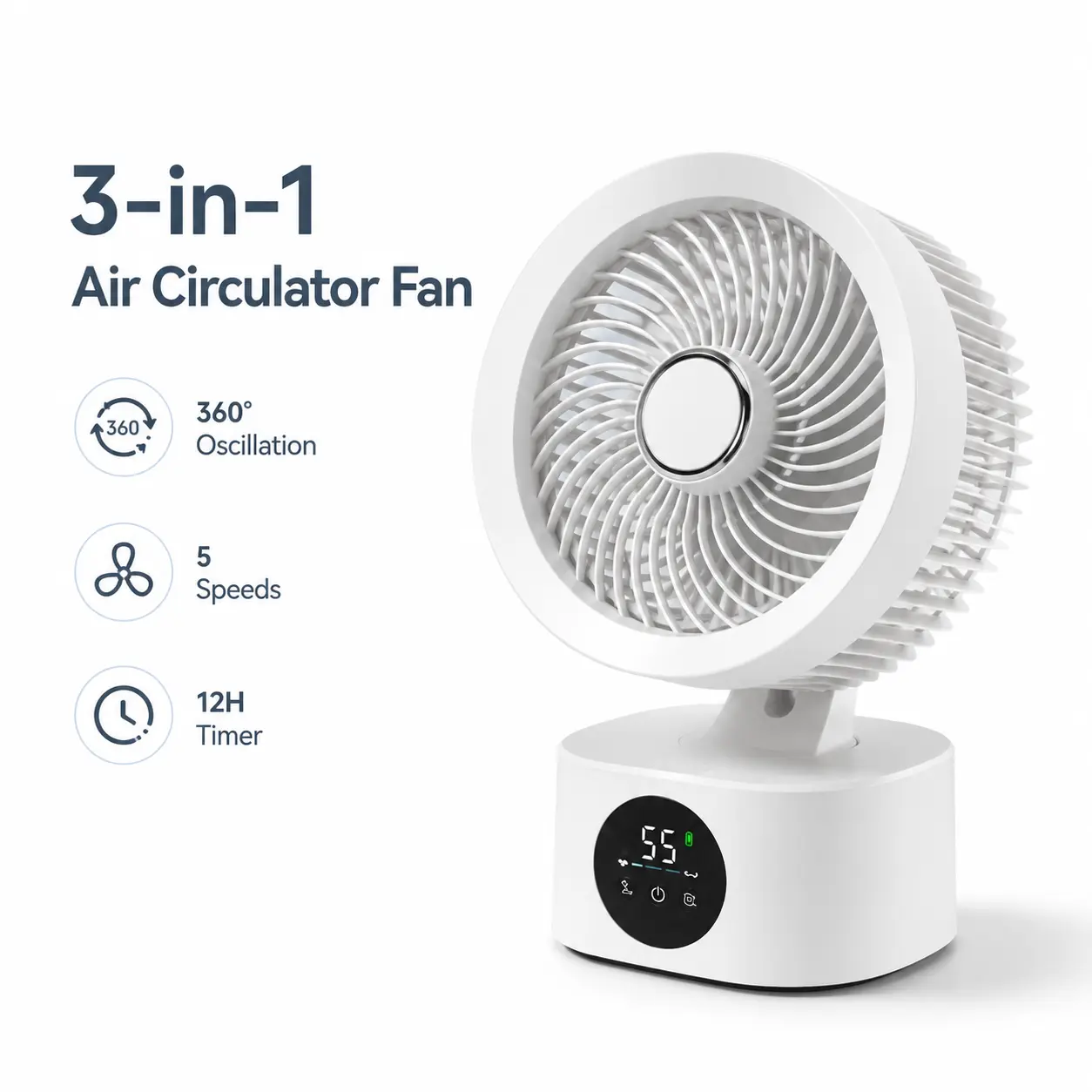 3-in-1 Rechargeable Dorm Room Fan, Quiet Desk & Wall-Mount Air Circulator with 5 Speeds, Wide-Angle Oscillation, 12H Timer, Night Light, USB-C Charging for College Bedroom Office