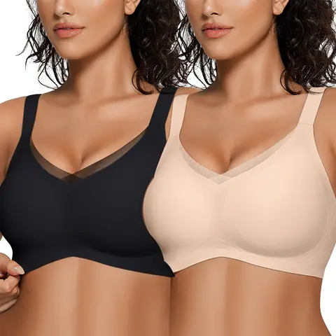 OEAK 2PCS Women Wireless V Neck Crossover Mesh Jelly Bras Comfortable Bralette Supportive Tshirt Bra No Underwire Seamless Push Up Everyday Bras