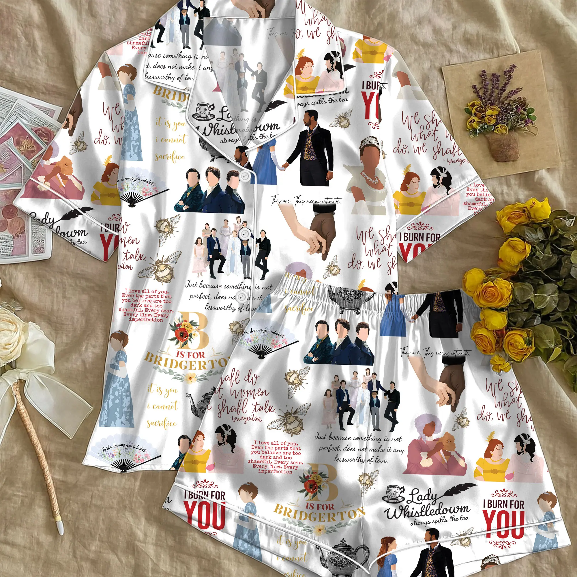 Spill the Tea Bridgerton Pajama Set, Lady Whistledown Inspired Sleepwear, Regency Era Button Up PJ Set, BookTok Nightwear Gift
