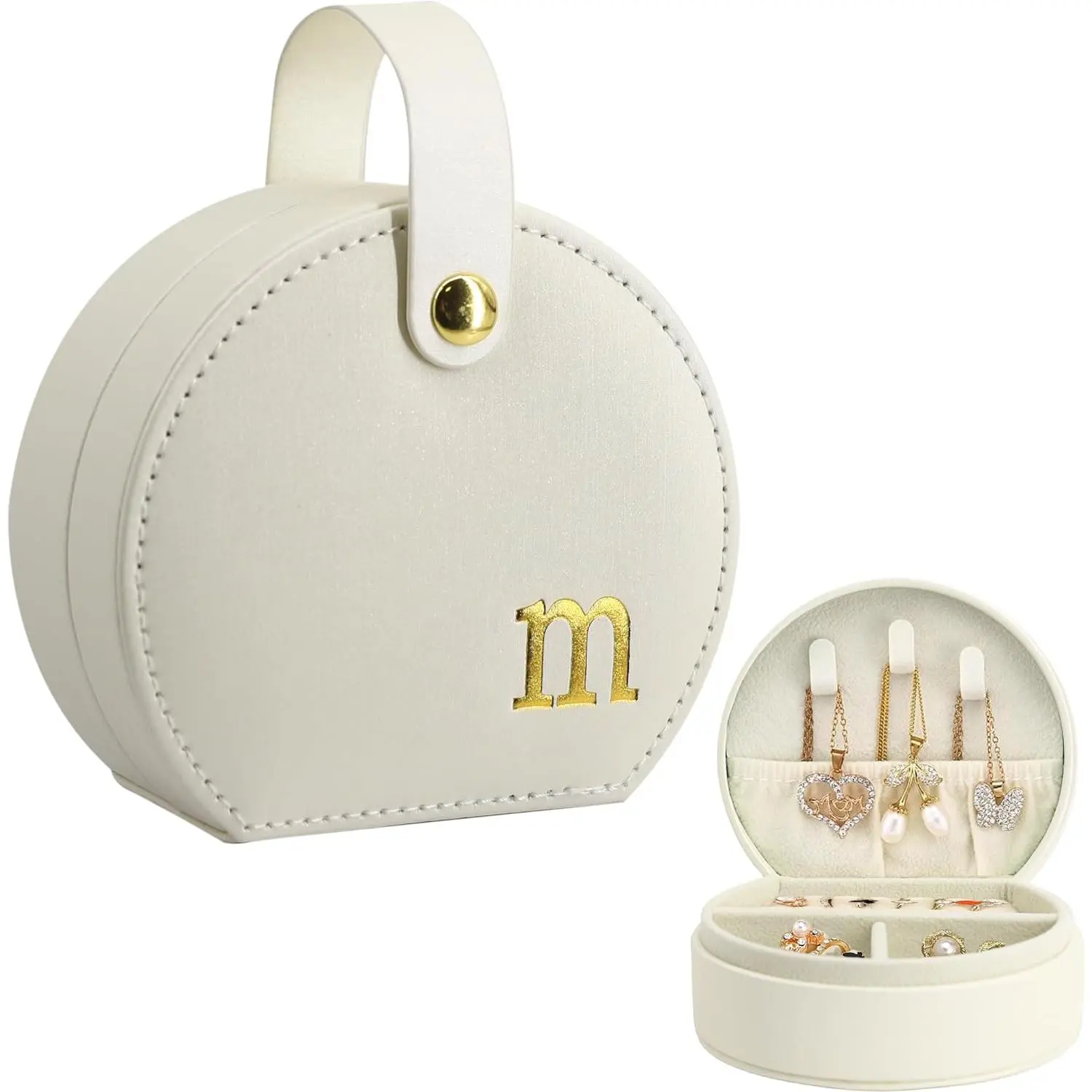 Travel Jewelry Case, Elegant Half-Moon Design with Gold Monogram, Detachable Handle, Personalized Accessory Organizer, Gift for Fashion-Forward Women and Teens (m)