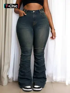 Plus size Women’s High Waisted Flared Jeans – Slim Fit with Zipper Detail, Casual Jeans for Spring & Fall