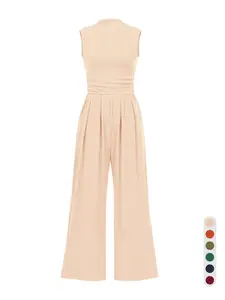 Women's Summer Jumpsuit, Dressy & Casual Minimalist Elegance One-Piece, Sleeveless Mock-Neck Design, Wide-Leg Pants with Pockets