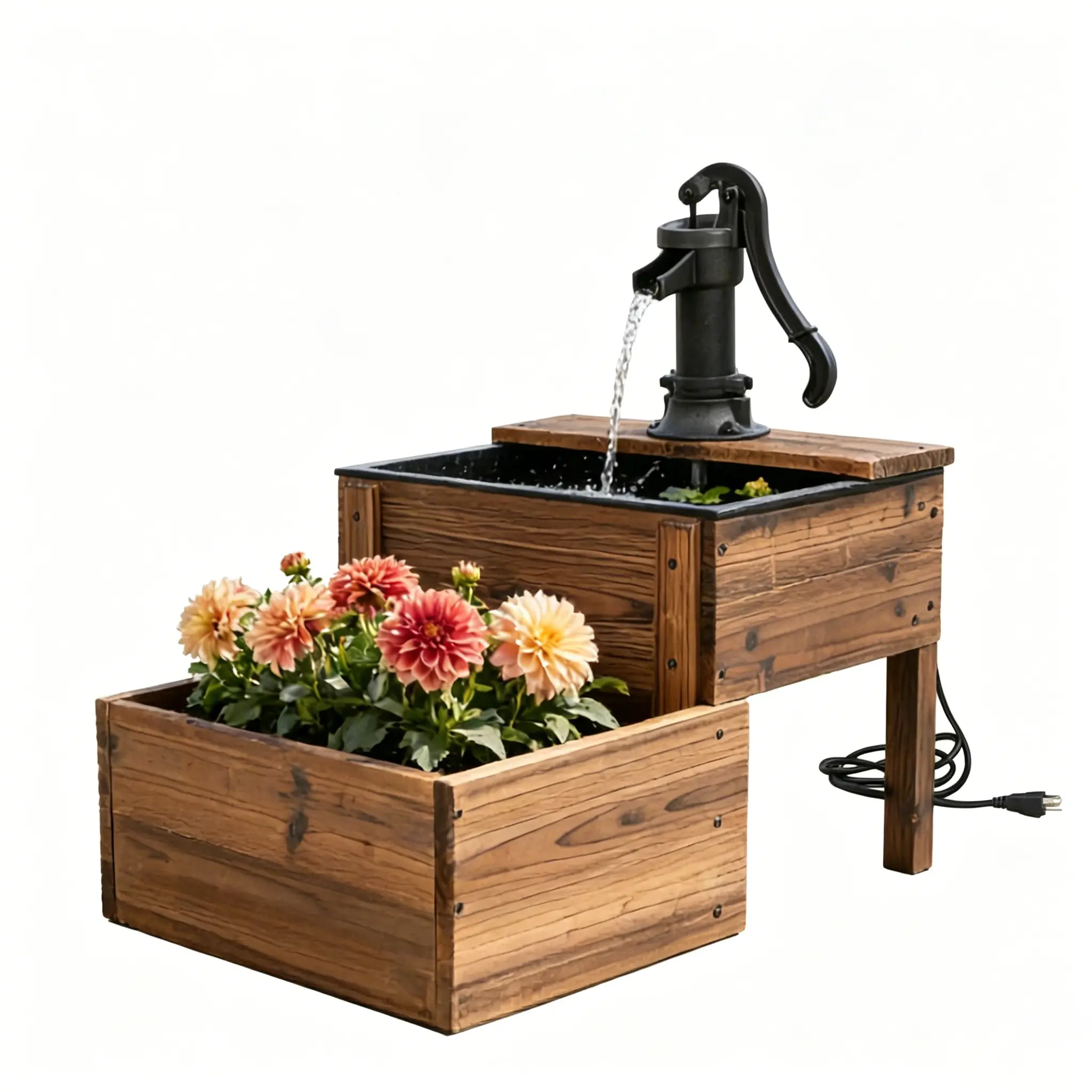 Outdoor Garden Water Fountain with Carbonized Wood Planter, Decorative Hand Pump Water Feature, Plug-in Powered Waterscape for Yard, Functional Flower & Herb Planter Box, Rustic Yard Decor for Backyard & Patio Relaxation Relaxation And Enjoyment