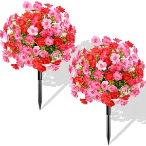 Waipfaru Set of 2 Artificial Boxwood Topiary with Colorful Flowers, 23" UV Resistant Fake Bushes Faux Outdoor Plants, Artificial Shrubs with Ground Spike for Outdoor Garden Front Porch(Red, Pink)