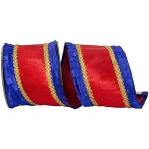 4 Inch Metallic Pleated Overlay Deluxe Metallic Dupioni Backed Wired Edge Ribbon - Royal/Red