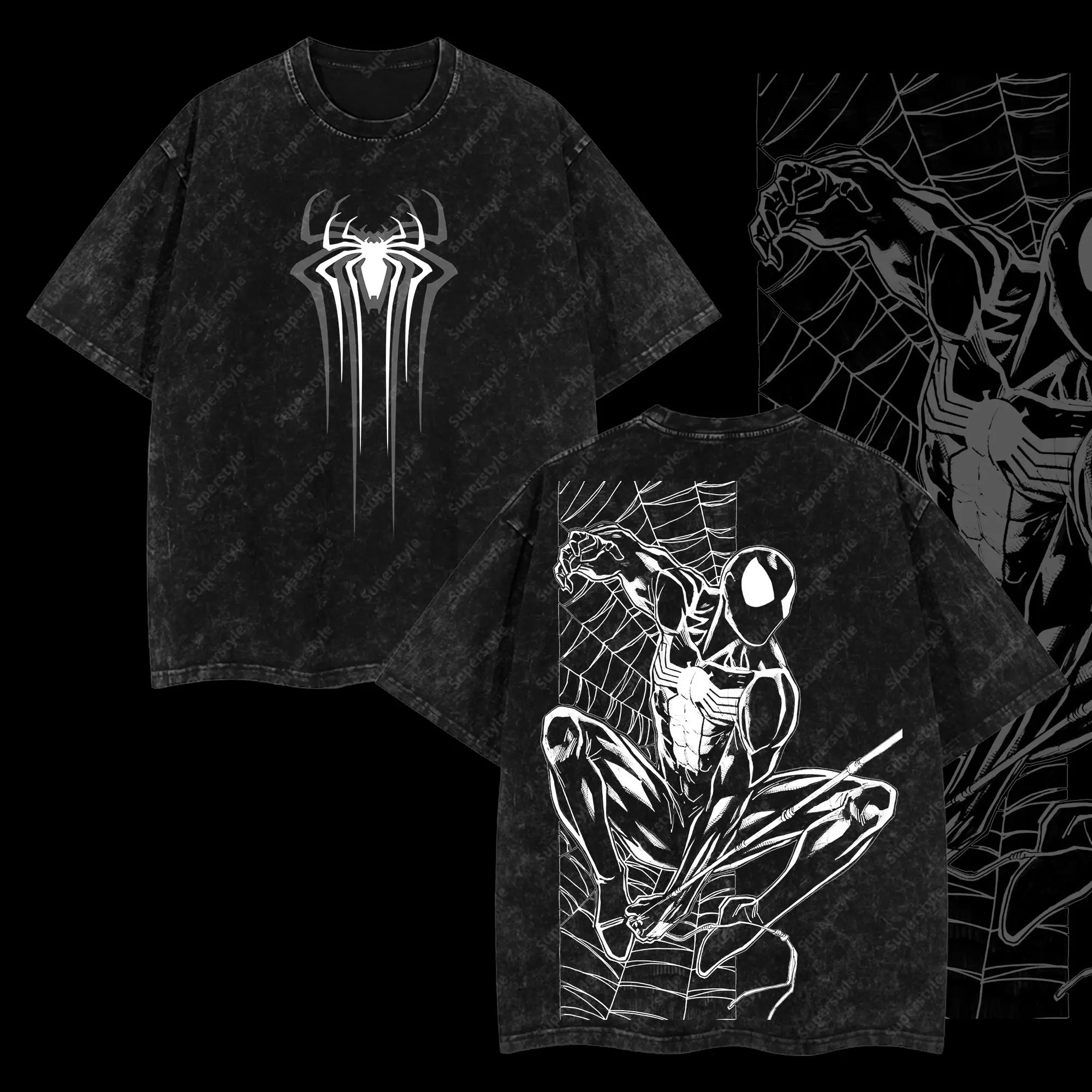 Superstyle Collection Friendly Neighborhood Symbiote Black Suit Spidey Hero MCU Edition Double Printed Oversize Lightweight Acid Washed Tee TV Series
