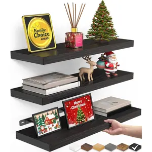 Floating Shelves for Wall, Wall Mounted Rustic Wood Shelves for Bathroom, Bedroom, Living Room, Kitchen, Hanging Shelf for Books/Storage/Room Decor with 22lbs Capacity (Black, Set of 3, 15.7in)