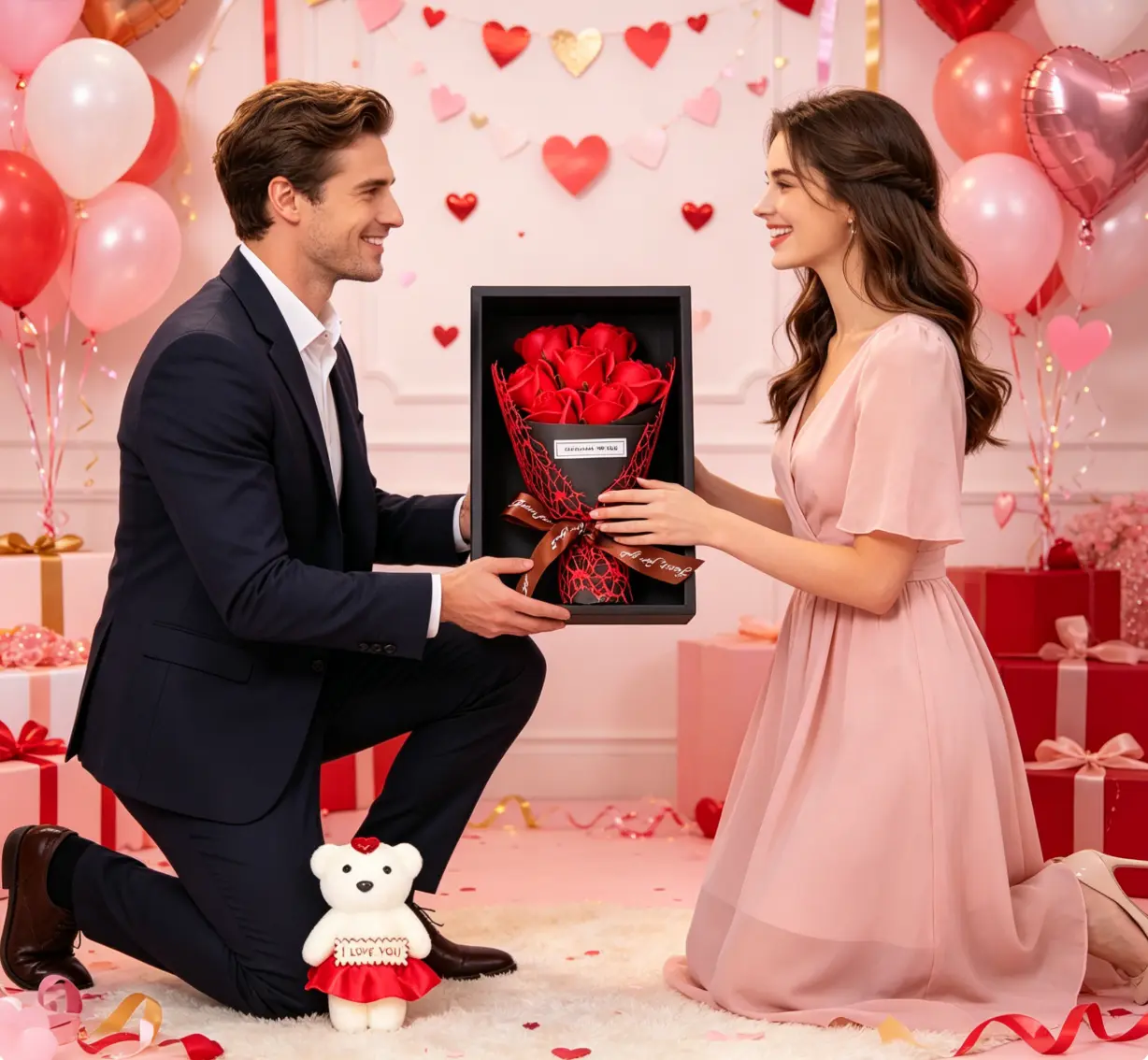 Valentine's Day Rose Bouquet Gift Box with Teddy Bear Forever Pink Roses Gift for Her - Romantic Valentine's Day Present Say "I Love You" with This Forever Rose Bouquet Ready-to-Give Rose Bouquet Gift Box with Teddy Bear - Perfect for Valentine's