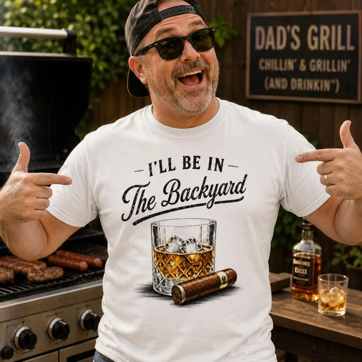 Funny Whiskey Cigar Shirt, I'll Be in the Backyard Tee, BBQ Grilling Bourbon Lover, Fathers Day Gift for Dad Husband