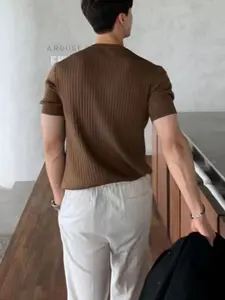 Men's Summer New Style Ribbed Knit Short Sleeve T-Shirt, Round Neck Slim Fit Slimming Fitness Elastic Ice Silk Underwear