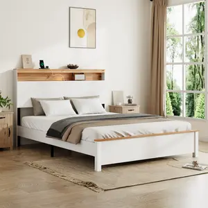 Queen Bed Frame with Mattress, Storage Headboard with USB & Type-C Charging Station and LED Touch Lights, Noise-Free, No Box Spring Needed, Under-Bed Storage – Cama queen con colchón