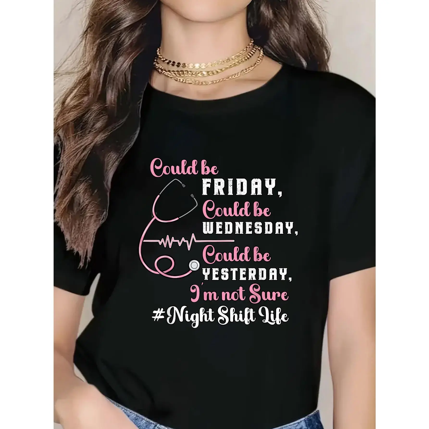 100% Cotton Unisex Night Shift Nurse Life Funny Nursing Nightshift Nurse T-Shirt – Printed Short-Sleeve Round-Neck T-Shirt Top