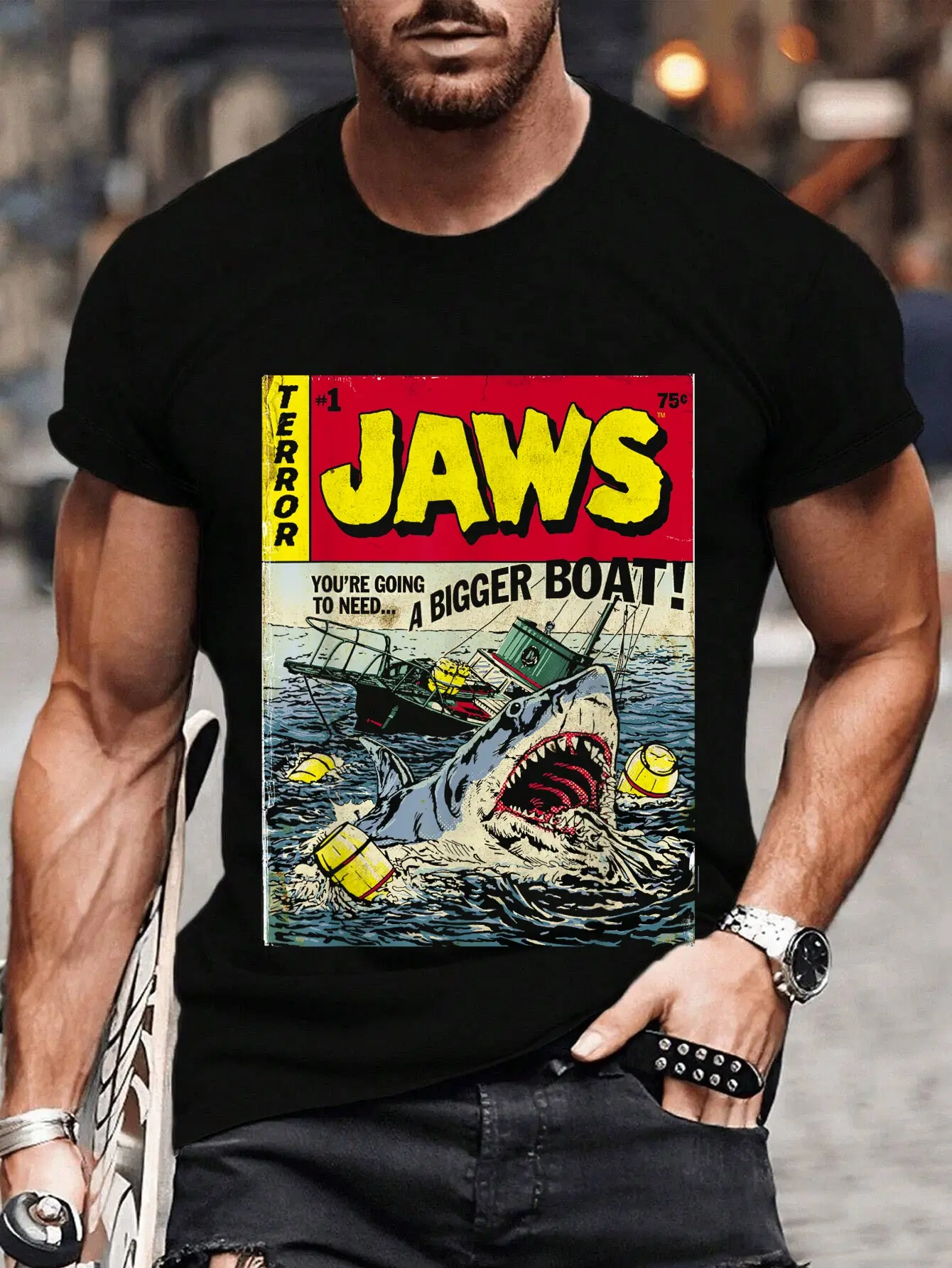 Unisex 100% Cotton Vintage T-Shirts - Distressed Vibe, Fitted Cut, Graphic Print Jaws Pulp Fiction Parody, Funny Casual Short Sleeve Tee for Men & Women, Preppy Look, Year-Round