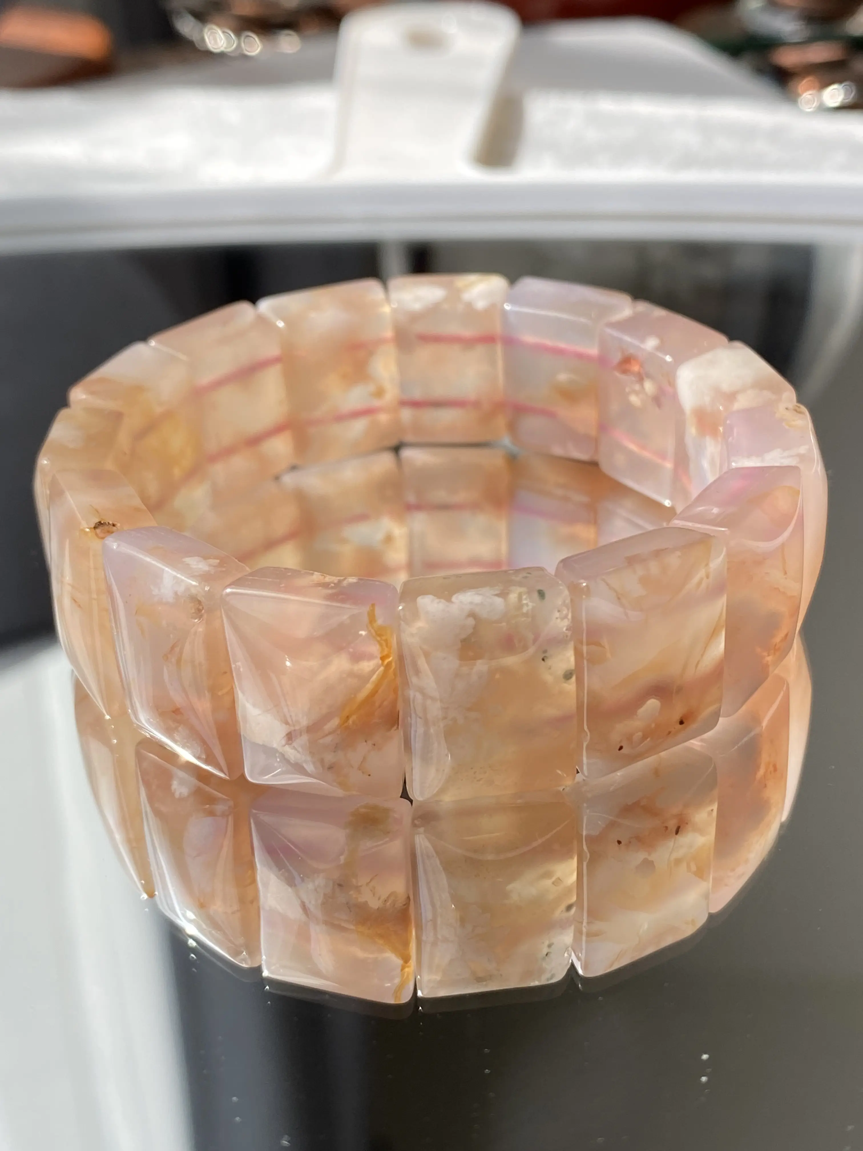 Nature Sakura Agate cherry blossom flower agate Rectangle bangle bracelet