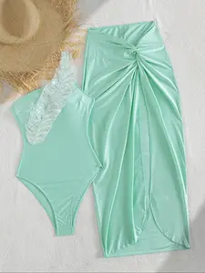 Women's Elegant One-Piece Swimsuit Skirt Set, Fresh Delicate Colors, Feather Rhinestone Decor, Split Skirt, Two Piece Bathing Suit, Swim Cover Ups