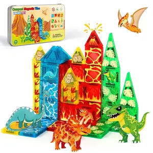 Mini Magnetic Tiles STEM Dinosaur Building Blocks Toy, Magnetic Construction Set, Volcano Forest Ocean Theme, Sensory & Educational Toy for Boys & Girls Aged 3+, Ideal for Travel, Birthdays, New Year & Back-to-School Season