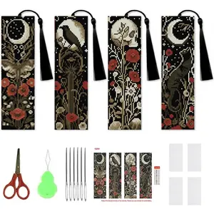 4 Pcs Flower Cross Stitch Bookmark Kit for Adult Beginners, Bohemia Moth 14 CT DIY Stamped Cross Stitch Embroidery Bookmarks Kit