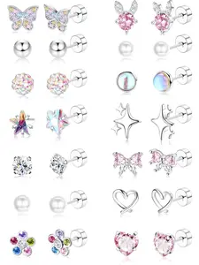 Silver for Girls Ages 8-12, Screw Back Stud Earrings for Kids, Cute Flat Back Steel Earring for Little Girl Sensitive Ears, Tiny Screwback Toddler Earrings Set, Surgical Steel Earrings