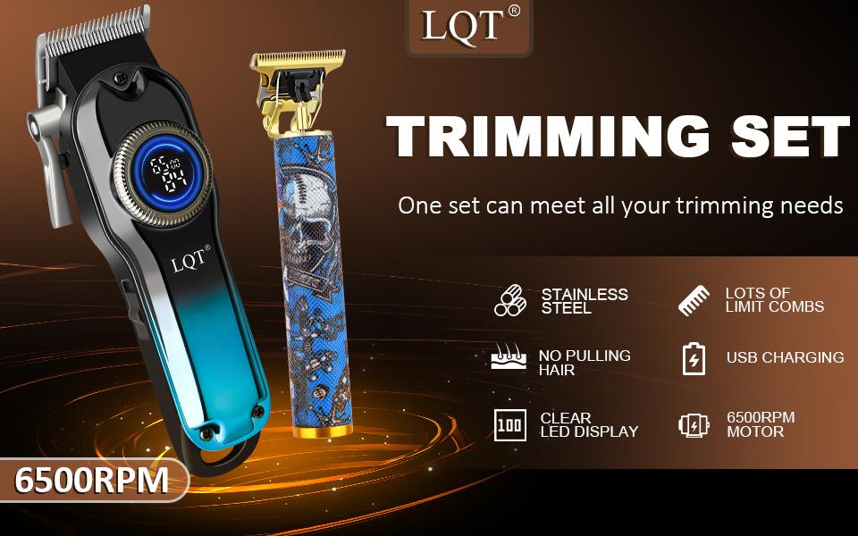 LQT Blue Gradient Skull Graffiti 2-in-1 Men's Grooming Kit, Cordless Hair Clipper with LED Display, Gold T-Blade Trimmer, Complete Rechargeable Barber Set for Salon & Home DIY Fades, Edges & Beard Styling