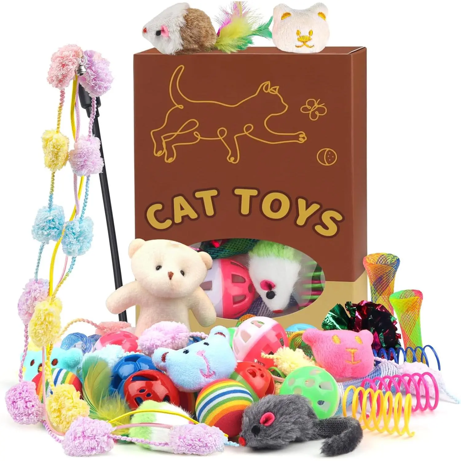 30 count   Kitten Toys Set, Interactive   Wand  Springs Ball  with Bells,  Toys for Bored Indoor Cats,  Box Styles