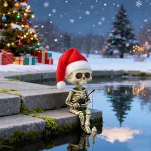 Christmas Hat Fishing Skull Statue, 4.33 Inch Mini Skull Figurine, Resin Ornament, Halloween Gothic Decor, Outdoor Garden Pond Fountain Decoration, Christmas Fishing Skeleton