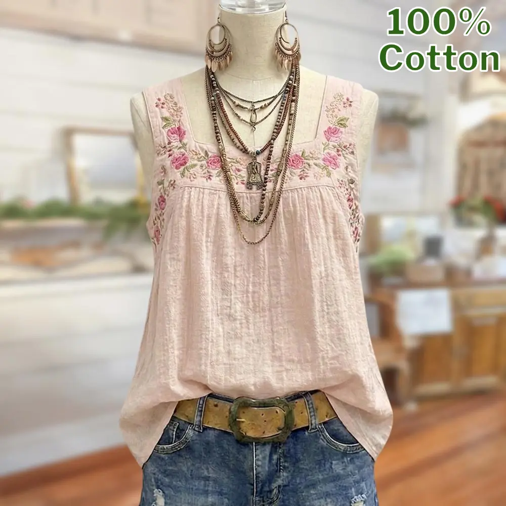 Sage Vell 100% Cotton Pink Square Neck Gathered Floral Embroidered Loose Sleeveless Casual Beach Tank Top