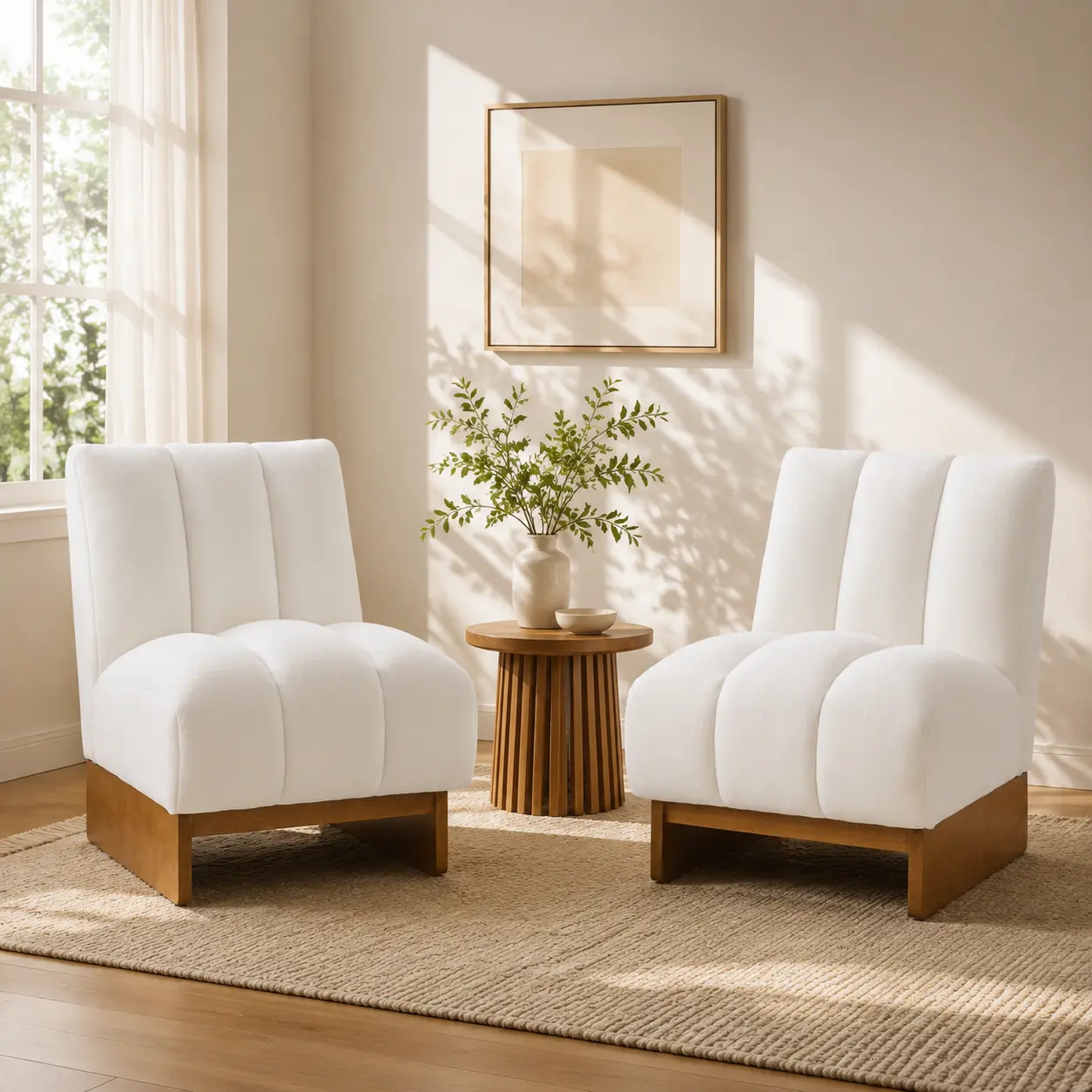 Modern Armless Accent Chair with Solid Wood Sled Base, Soft Fabric Single Sofa Side Chair, Mid-Century Upholstered Reading Chair for Living Room, Bedroom, Office, Off-White