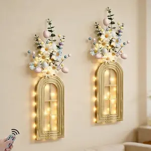 【Holiday Deal】Easter Wall Decor Set of 2 - Boho & Modern Farmhouse Hanging Wooden Vase with Fairy Lights & Artificial Plants, Spring Wall Art for Living Room, Bedroom, Bathroom, Easter Home Decor Gift