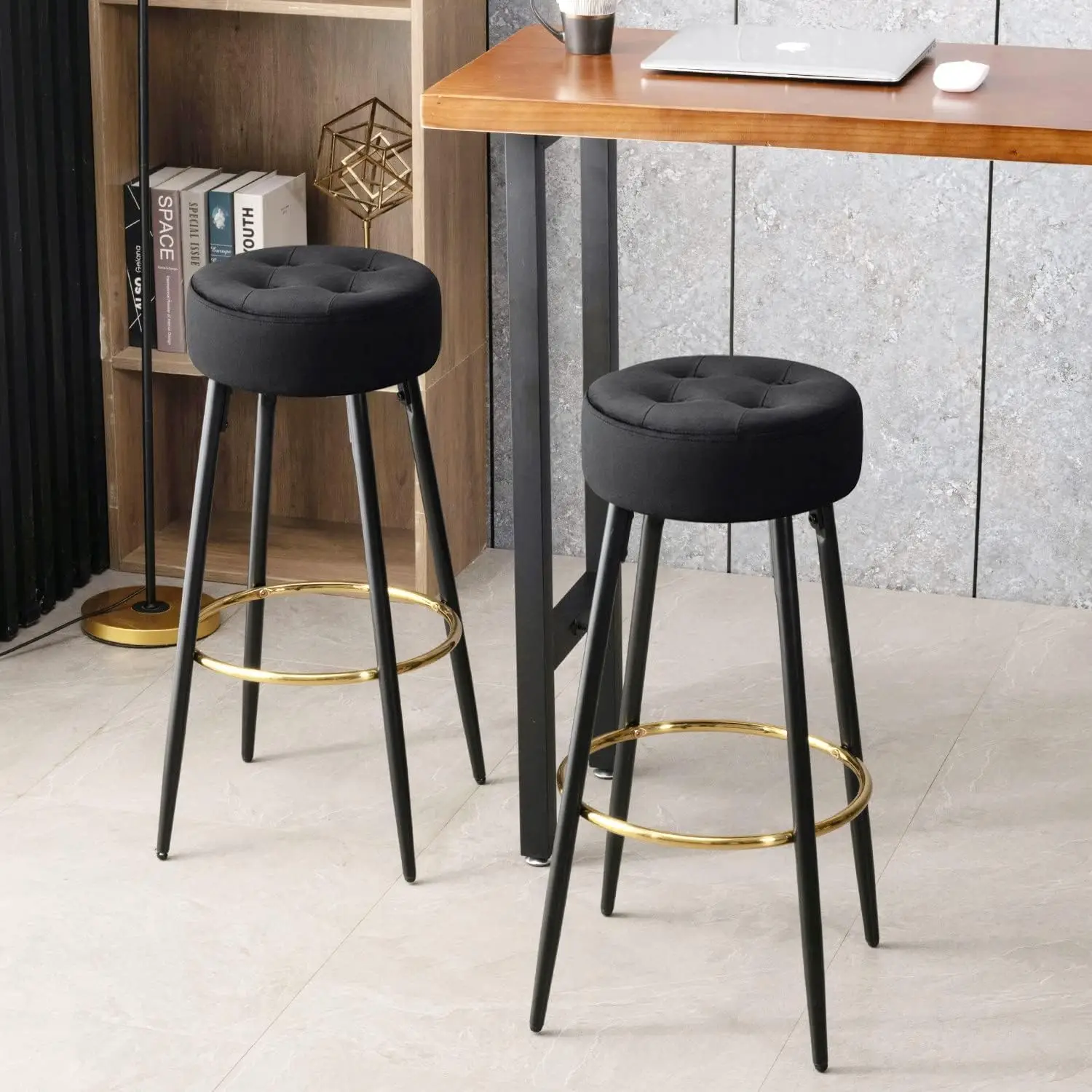 Furnimart Modern Round Backless Bar Stools with Gold Footrest 30" Height, Set of 2 Velvet Upholstered Dining Chairs for Coffee Pub Shop