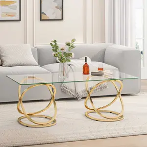 31.5’’ Modern Gold Coffee Table for Living Room, Clear Tempered Glass & Metal Frame, Rectangle Luxury Center Table for Home Office