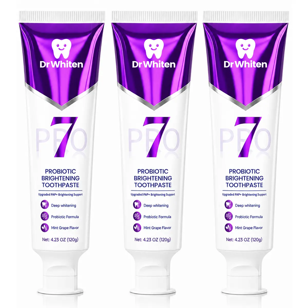 DrWhiten New 7-Probiotic Brightening Toothpaste | Fresh Breath & Color-Correcting Formula | Helps Balance Yellow Tones | Fluoride-Free | Mint Grape Flavor | 4.23 oz