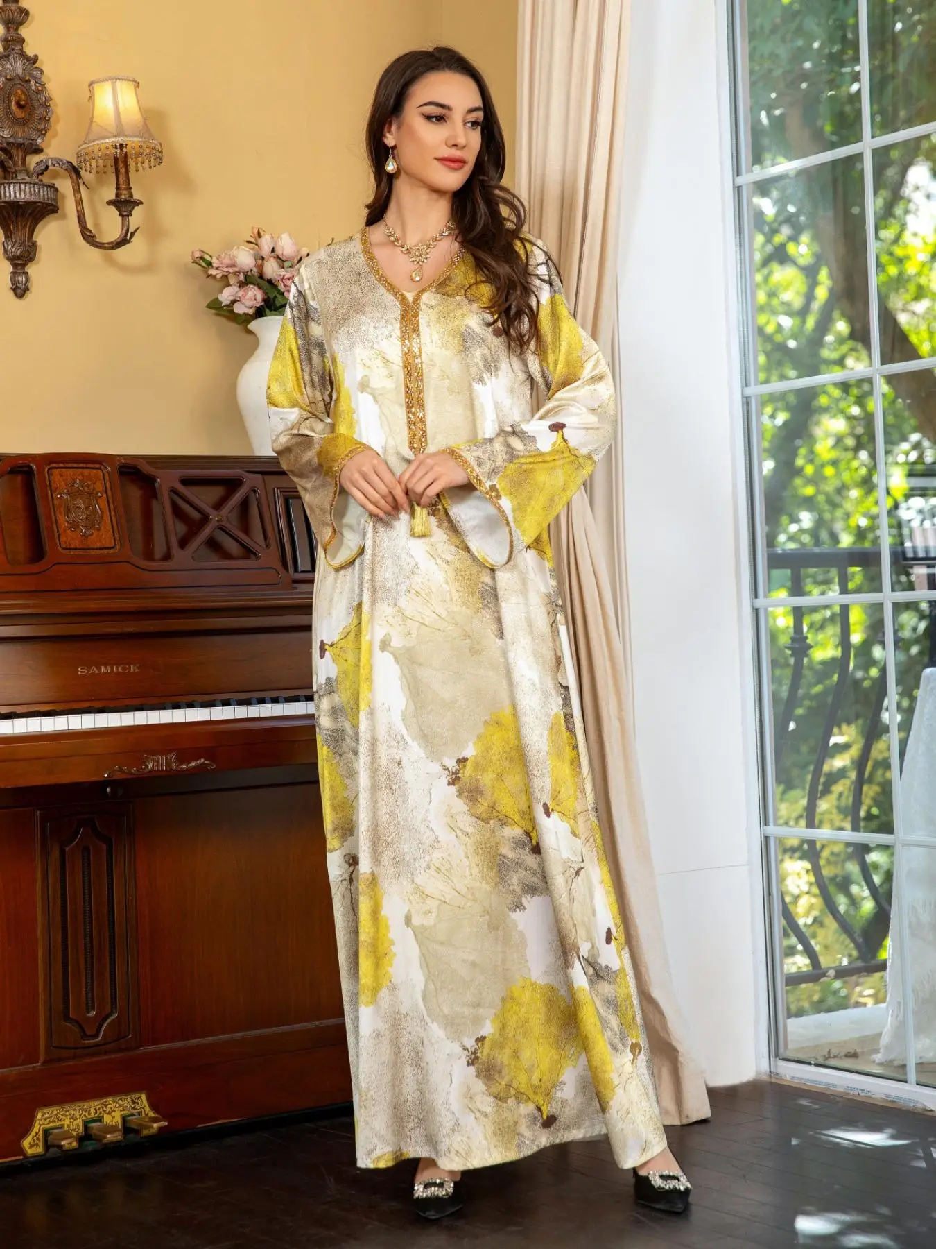 Arabic Clothing-Women's Colorblock Leaf Print Tassel V Neck Arabian Dress, Elegant Rhinestone Decor Long Sleeve Long Dress for Party Daily Wear, Women