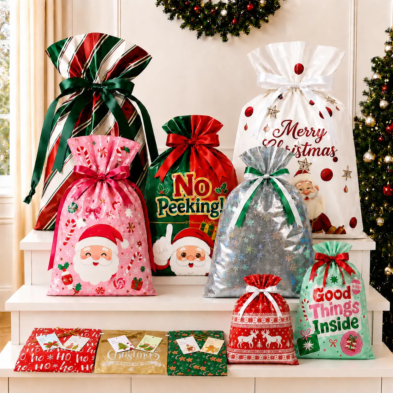 55PCS Christmas Gift Bags Christmas Wrapping Bags Including 25 gift bags and 30 labels Gift Bag & Tags Set Christmas Drawstring Gift Bags 25 Design Goody Bags Gift Bags Holiday Reusable Santa Gift Bag Assorted Sizes Extra-large Large Medium Small