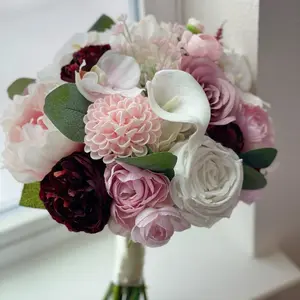 Blush & Burgundy Artificial Bridal Bouquet - Garden Roses Calla Lilies & Orchids for Wedding Decor