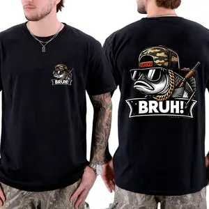 Cool Fish Graphic T-Shirt with Camo Hat and Gold Chain, Unisex Short Sleeve Tee for Fishing, Streetwear, Gifting - BRUH Bass Style