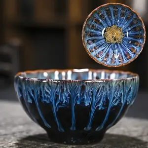 Jianzhan Ceramic Tea Cups Tea Sets Bowls Individual Household Gongfu Tea Cups with Unique Blue Glaze Design