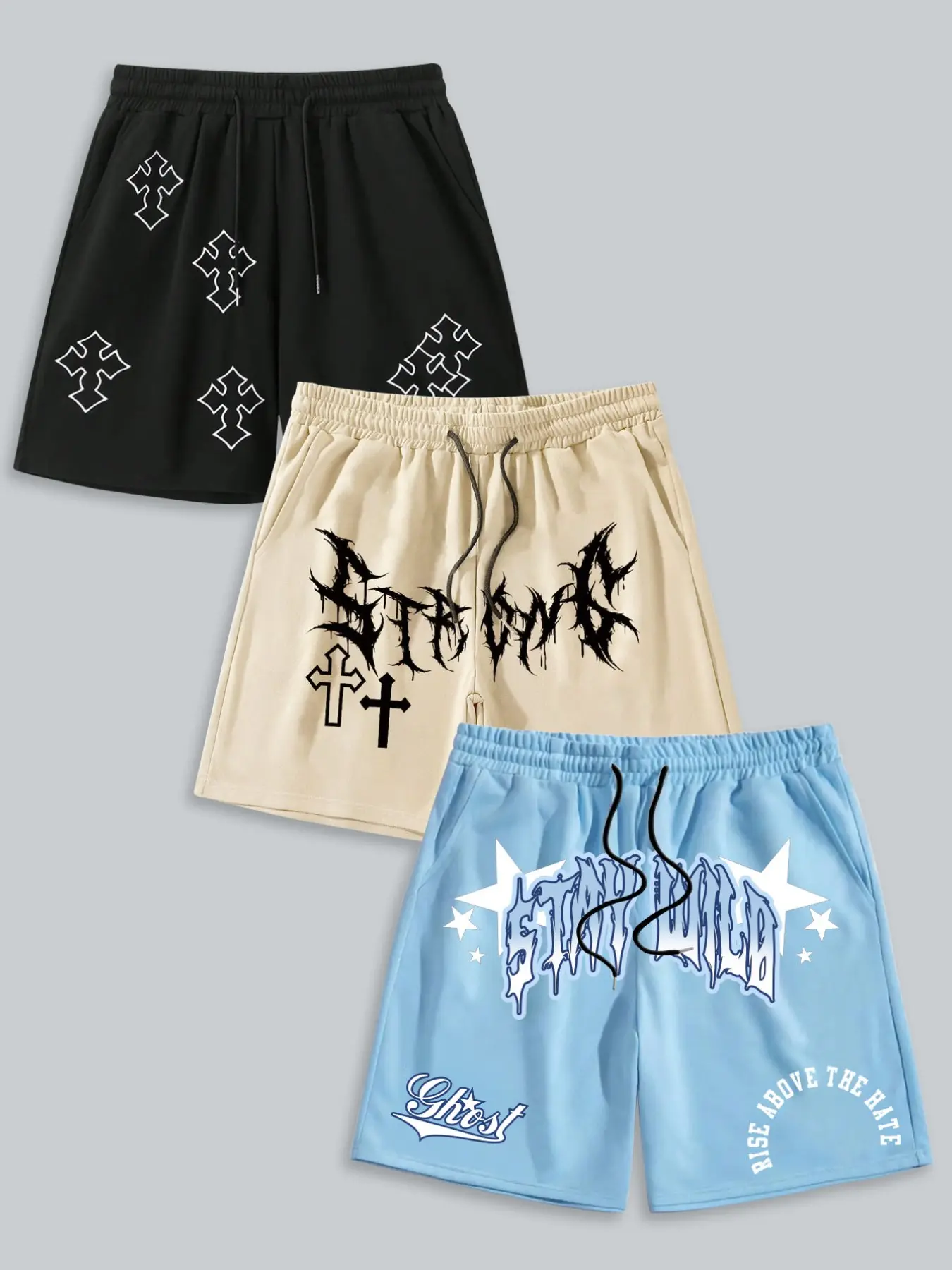 3-Pack Gothic Cross & "Stay Wild" Graphic Shorts | Streetwear Casual Fitted Sweat Shorts Set, Graphic Print Shorts, Fashion Shorts, Streetwear Ready
