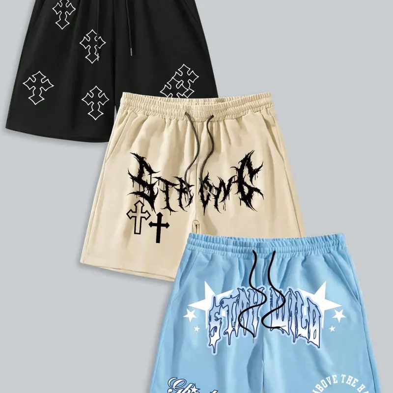 3-Pack Gothic Cross & "Stay Wild" Graphic | Streetwear Casual Fitted Sweat Shorts Set, Graphic Print Shorts, Fashion Shorts, Streetwear Ready, Graphic Print Sweatshorts