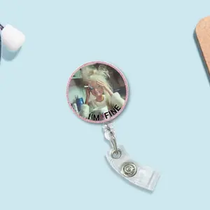 Funny Doll Face Im Fine Sparkly Pink Retractable Badge Reel Cute Aesthetic Acrylic ID Holder For Nurses Doctors Nursing Students Work Accessory