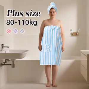 Striped Pattern Bathrobe & Hair Towel Set, 2 Counts/set Plus Size Adjustable Bathrobe & Hair Wrap, Thickened Quick-dry Bathrobe, Bathroom Supplies