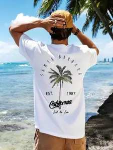 Santa Barbara 1987' California Palm Tree Surf White Short-Sleeve T-Shirt, Casual West Coast Streetwear Top, Premium Cotton Fabric, Minimalist California Aesthetic, Trendy Oversized-Fit, Eye-Catching Palm Tree Print, Graphic, Versatile Daily Wear